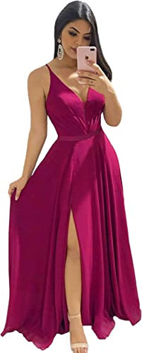 WTWVIAN Vestido largo de gasa con cuello en V para mujer, vestido de invitados de boda, plisado, con abertura alta, sin espalda, para dama de honor, fucsia, 44