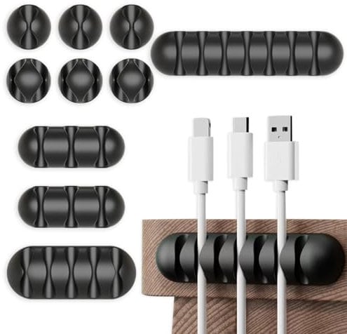Clips de Soporte de Cable, 10 Pcs Organizador Clip de Cable, Autoadhesivo de Silicona Organizador de Cable, Clips para Cables Duraderos para la Gestión de Cables de Carga PC USB de Escritorio - Negro