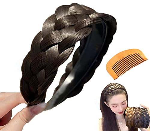 Perücke Haarreifen Zopf Geflochten Haarband im Koreanischen Stil, Breit Synthetische Haar Geflochtenes Stirnband, Perücke Haarbänder für Frauen Haar Rutschfest (Schwarz-Braun mit Kämmen)