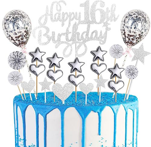Happy 16th Birthday Cake Topper Silver Glitter 16th Birthday Cake Topper for Boys Girls 23pcs Happy Birthday Sign for Cake Decorations Sixteen Birthday Party Cupcake Topper Kit with Star Heart Balloon