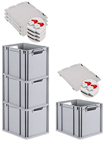 PROREGAL SuperSparSet 4x Eurobox NextGen Grip mit Scharnierdeckel und roten Schiebeschnappverschlüssen, HxBxT 32x30x40cm, 30 L, Grau, Griffe offen, Eurobehälter, Transportbox