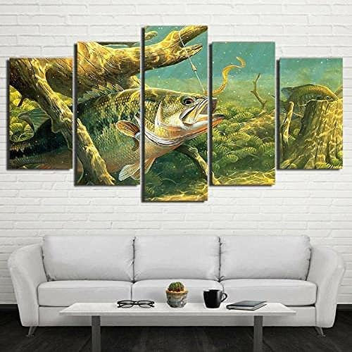 Bilder 5-Teilig Leinwandbilder Barsch Angeln Moderne Dekorative Gemälde Auf Leinwand Wandbilder Für Wohndekorationen Wanddeko Xl/150 X 100 Cm Schlafzimmerbürohotelwandkunstfoto