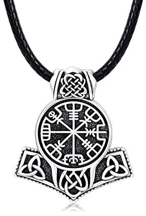 enjoylifecreative Mjölnir Thors Hammer Halskette 925 Sterling Silber Wikinger Kompass Vegvisir Halskette Wikinger Anhänger Schmuck Geschenke für Herren Jungen