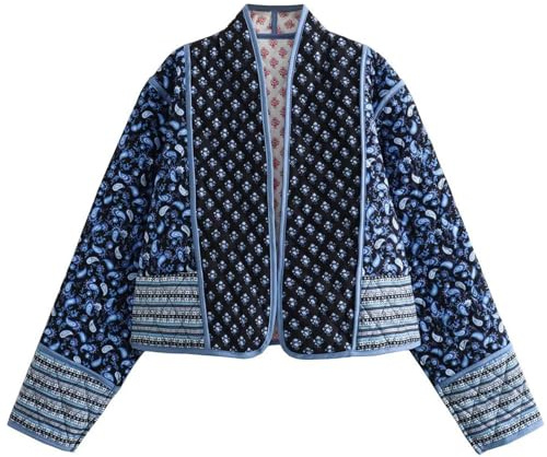 Wyeysyt Women's Cropped Puffer Quilted Jacket Cardigan Floral Printed Lightweight Long Sleeve Open Front Short Padded Coats(Black-S)