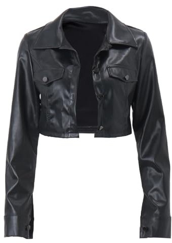 Crop Lederjacke Damen Sexy Einfarbig Jacke Kurze PU Herbstjacke Schlanke Kunstlederjacke Langarm Revers Übergangsjacke Herbst Winter Bikerjacke Einreihige Kurzmantel Streetwear Mantel Oberbekleidung