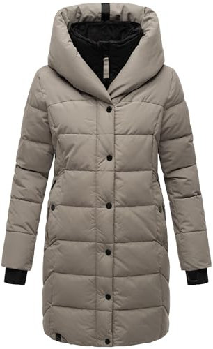 Navahoo Damen Wintermantel warmer Steppmantel lang mit Kapuze und abnehmbarem Fleece-Kragen Knutschilein Grey Gr. M
