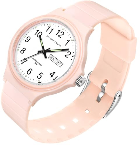findtime Uhren Damen Analog Quarz Armbanduhr für Damen Große Zahlen Senioren 5ATM Wasserdicht Frauen Uhren Buntfarbig Silikon Kinder Uhr mit Datum Woche Leuchtzifferblatt Junge Mädchen Sport Watch