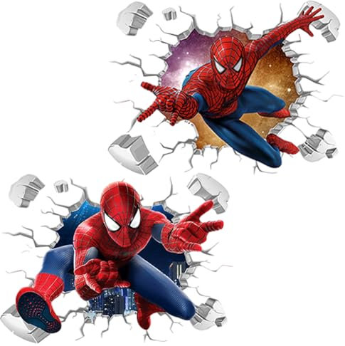 Spider Wall Stickers 3D Decals, 2PCS Supperhero Stickers Kids 3D Smash Wall Removable Wall Sticker Decals 3D Effect Wall Stickers for Bedroom Living Room Hotel Decor (40x60cm)