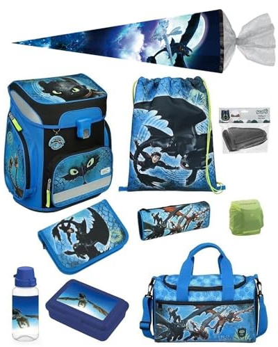 Familando - Scooli Campus Fit Schulranzen Set 10-teilig mit Schultüte - Dragons Drachen - Ergonomisch, stabil & mit gepolstertem Rücken - 1000g leicht - 18L Volumen - Mit Reflektoren - Ab 1. Klasse