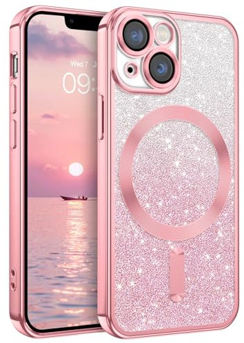 DUEDUE Glitzer Hülle für iPhone 13 mini 5,4'' mit MagSafe, Glitzer Magnetische Stoßfeste Handyhülle für iPhone 13 mini Hülle Kompatibel mit MagSafe, Rosa