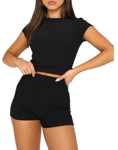 OOHOKAY Damen Zweiteiler Basic T-Shirt und Shorts Set Klassischer Kurzarm Slim Fit Top Y2K Crop Tops Sport Sommer Casual Kurz Pyjama Hausanzug Streetwearsuit(Schwarz T1,M)