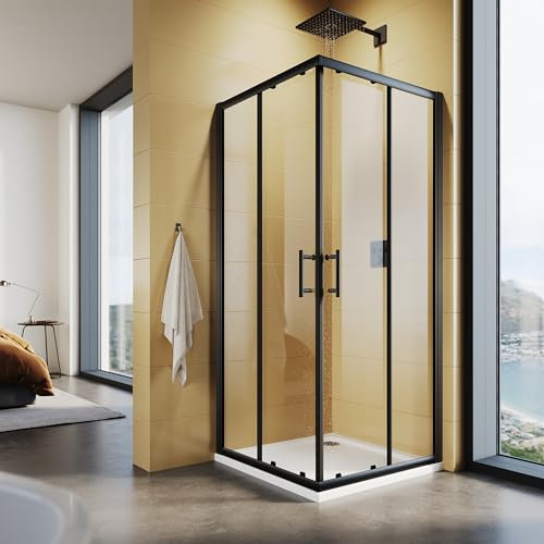 SUNXURY Cabina de ducha de 70 x 70 x 195 cm, entrada esquinera con puertas correderas dobles, marco negro, 5 mm, cristal de seguridad (ESG) transparente, montaje en plato de ducha o azulejo