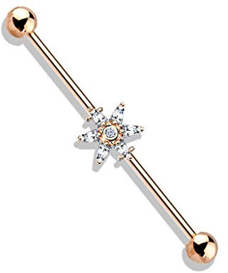 beyoutifulthings Industrial-Piercing Roségold Blume Zirkonia Clear Industrial-Barbell Industrial-Bar Chirurgenstahl Stab-länge 38-mm