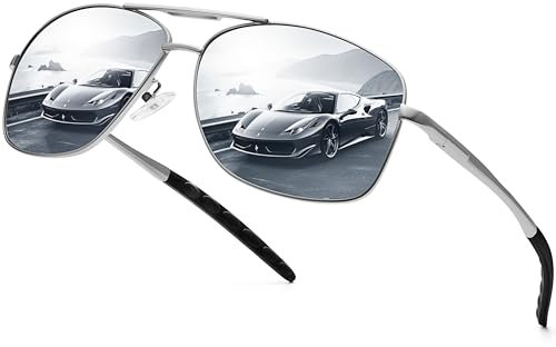 URUMQI Sonnenbrille Herren Damen Polarisiert Pilot Metallrahmen Sonnenbrillen UV400 Schutz Ultra Leicht Für Autofahren Angeln Golf Silberner Rahmen