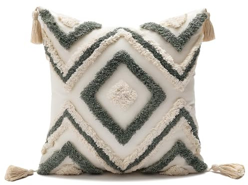 YULUOSHA Dekorative Boho Kissenbezug,Boho Kissen Beige Deko Baumwolle Dekokissen Marokko getuftete Kissenhülle Kissenbezüge Quaste für Sofa Schlafzimmer Wohnzimmer Dekor (1, grün, 45 x 45 cm)