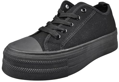 LoudLook Ladies Platform Trainers Canvas Pumps Gym Lace Up Comfy Heel Summer Casual Shoes Sizes Black 5