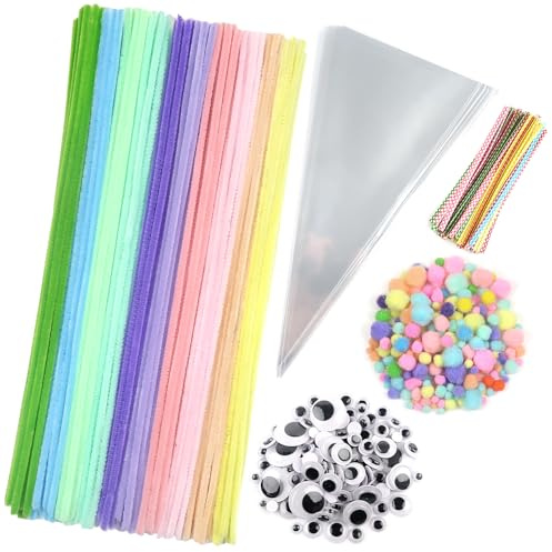 TOAOB 500 Stück Pfeifenreiniger Basteln Set mit Pfeifenputzer Bunte | Spitztüten mit Bindebänder Chenilledraht Pompons und Wackelaugen Selbstklebend Augen, für Bonbons Kekse Weihnachtsgeschenke