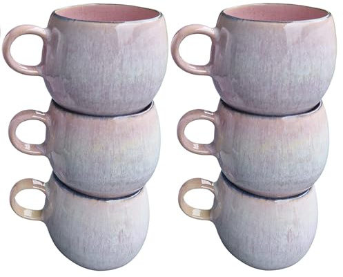 PintoCer - Set 6 Tassen mit Henkel, Kaffeetassen, 500ml Becher, Handfertigung, Farbe Rosa, Steingut-Keramik, ideal für Milch, Tee und Schokolade, Spülmaschinenfest, Mikrowellengeeignet