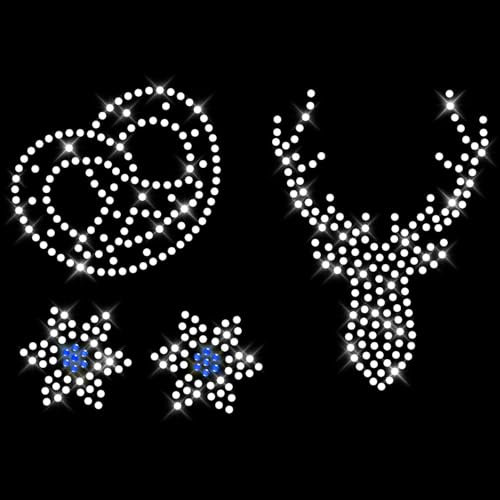 Glitzerdeals Bügelbilder Karneval Strass Oktoberfest Set Strass Brezel Hirsch Blumen Aufbügler für Textilien Oktoberfest Bügelmotiv Wiesn Strass Bügelbild Glitzer blau