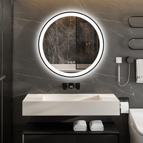 ChillCruiser Runder LED-Badezimmerspiegel 80cm mit schwarzem Rahmen beschlagfrei LED-Spiegel fürs Badezimmer kreisförmig beleuchteter Badezimmerspiegel für die Wand 3 Farben Memory