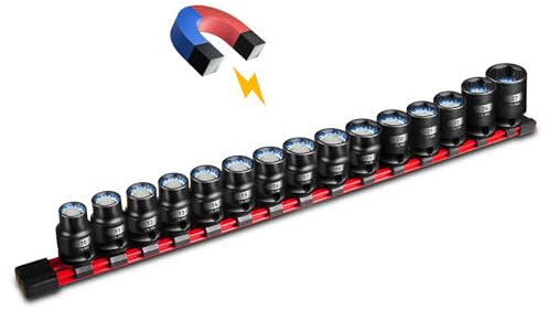 BLACKROBOT 1/2 Drive Magnetic Impact Socket Set, 15-Piece Shallow Socket Set with Storage Rail, Metric Size (10-22mm, 24mm, 27mm), 6-Point Magnetic Sockets, Cr-Mo Steel