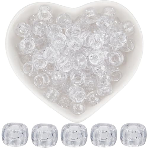 SOFPLATE 1 Box 500Pcs 9x6mm Clear Pony Beads Sparkly Plastic Beads Large Transparent Sparkling Crow Barrel Kandi Glitter Spaces for Crafts Necklace Bracelets Hair Braids Keychains Ornaments Supplies