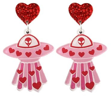 Niedliche rosa UFO-Herz-Liebes-Glitzer-Ohrringe für Damen und Mädchen, zierlich, leicht, Acryl, Raumschiff, Aliens, Statement, baumelnd, hypoallergen, modischer Y2K-Schmuck, Lang, Acryl, Kein