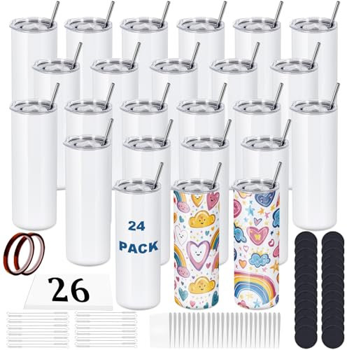 oaptuza 24 Pack 20 OZ Sublimation Tumblers Bulk, Skinny Straight White Sublimation Cups, Stainless Steel Double Wall Insulated Tumbler for Heat Transfer, Individually Boxed