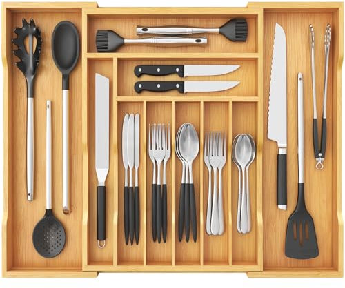 Lifewit Großer Besteckkasten für Schubladen, Verstellbarer Besteckeinsatz Breite bis zu 71 cm, Schubladen Organizer Schubladeneinsatz Küche, Tiefe 47 cm, Bambus Besteckhalter für Löffel/Gabeln/Messer