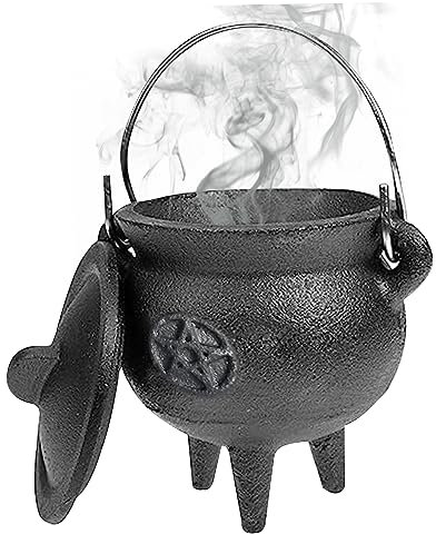 Jorzer Cast Iron Cauldron with Lid and Handle Halloween 3.94x2.95x2.95inch Decorative Candle Incense Burning Witchcraft Cauldron Pot, Star