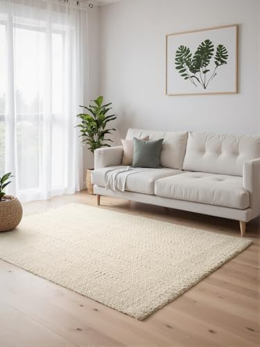 ELLE Decoration Woll- & Jute Teppich Majoli - Natürlich & Handgewebt, Naturteppich, Geflochtenes Herringbone Design, Fischgrätenoptik, Skandi für Wohnzimmer, Schlafzimmer, Flur - Natur Weiß, 200x290cm