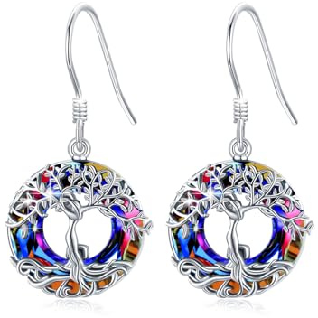 Baum des Lebens Ohrringe für Frauen Mädchen 925 Sterling Silber Stammbaum Blau Österreich Kristall Brisur Ohrringe Schmuck Geburtstag Abschlussfeier Geschenke für Mutter Ehefrau