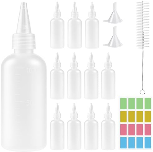 Ferenando 12 Stück Quetschflasche 100ml, Squeeze Flasche Klein für Küche | Dosierflasche 100ml, Soßenflaschen mit Reinigungsbürsten Aufkleber Trichter, Spritzflaschen für Sauce, Soßen, Pigment, Liquid