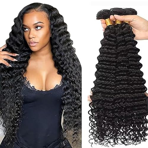 Tuheerst 1B Natural Black Bundles Human Hair Double Weft Deep Wave menschliches Haar Extensions Unprocessed Tissage Brazilian Virgin Human Hair 20 22 24 Zoll Total 3 Bundles Total 150g