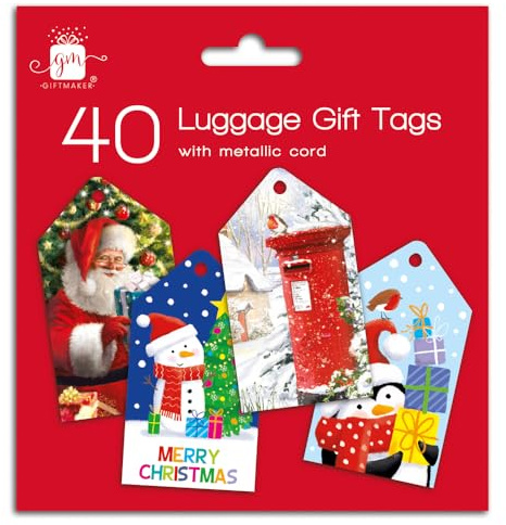 40 Christmas Tags with Metallic Cord – Traditional Luggage Style Tie On Gift Tags – Assorted Festive Designs – Blank Reverse for Personalising – Present Labels for Christmas Wrapping 9cm x 5cm