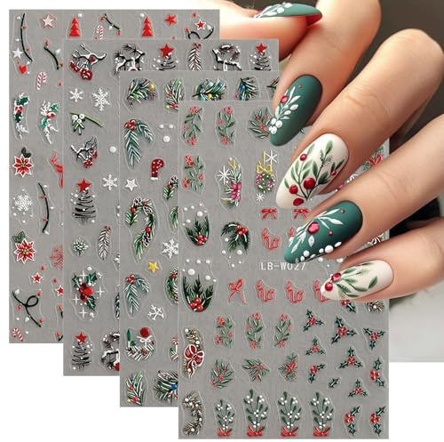 Celblisora 4 Sheets Christmas Nail Art Stickers, 5D Embossed Holly Leaves, Nail Decals, Winter Christmas Tree, Elk, Snowflake Design, Nail Art Accessories