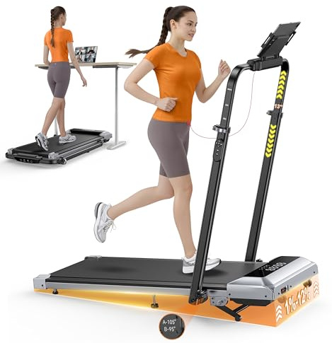 1%-6%-12% Inclinación Cinta de Correr Plegable, 6 en 1 Cinta de Correr, 115 CM Pasamanos Telescópicos Ajustables (95°-105°), 2.5HP Walking Pad para Hogar/Oficina, 12KM/H, Pantalla LED, Remoto, App