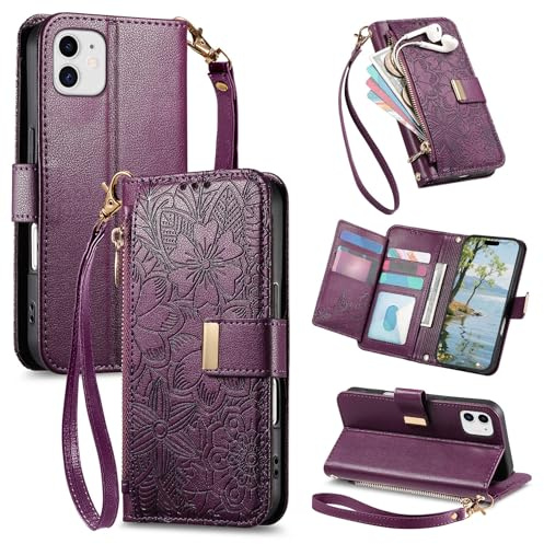 VEEMOS Phone Case for Apple iPhone 11 Case with Zip Wallet Purse Card Holder Slot Embossed Flower Design Folding Flip Cover Leather Stand Lanyard Wrist Strap Women - Purple