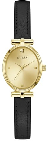 Guess Ruby, Damen Armbanduhr, Quarz Analog, Edelstahl, 24mm, Lederarmband, Schwarz, 3 bar, Zifferblattfarbe: Champagner, GW1029L2
