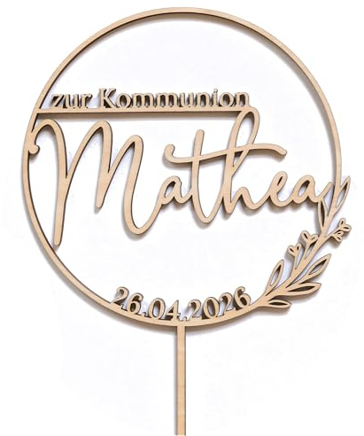 Cake Topper Kommunion Deko personalisiert aus Holz – Caketopper mit Name & Datum zur Kommunion – Individuelle Tortenstecker Deko christlich für Jungen und Mädchen erste heilige Kommunion