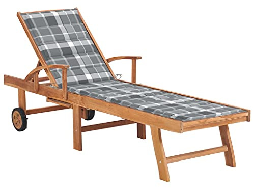 Tonture Tumbona con cojín gris a cuadros, madera maciza de teca, ajustable, ergonómica, con reposabrazos, para terraza, jardín, piscina, exterior