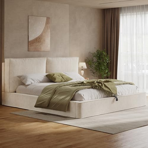 Muskel Bett 180x200cm mit Stauraum, Polsterbett Doppelbett, Lattenrost, Kopfteil gepolstert, Cord-Bezug, beige, hydraulischer Klapprahmen, modern