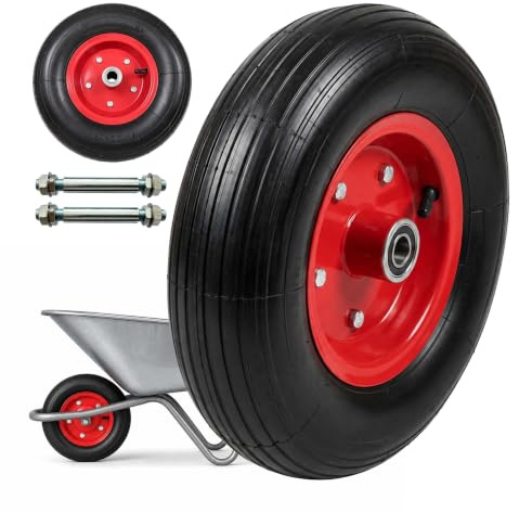 Relaxdays set 2 ruote per carriola 4.00-6, gomma piena, ruota completa con cerchio acciaio e asse, ricambio nero/rosso