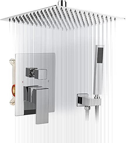 BWE Duscharmatur, Chrom, 40.6 cm, quadratisch, Luxus-Regen-Mischer, Duschsystem, Komplett-Set, 2 Funktionen, Regenfall, Rough-in-Ventilkörper und Verkleidung im Lieferumfang enthalten