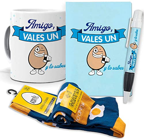 Super Regalo Personalizado para Amigos. Amigo molas un Huevo. Taza, libreta, boli y Trio de Calcetines