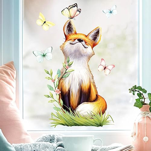 Wandtattoo Loft Fensterbilder Frühling Fuchs Schmetterling Motiv – A4 Bogen, Wiederverwendbar – Frühlingsdeko Fenster, Frühlingsbild Fenster, Fensterdeko Frühling, Fensterfolie Frühling Selbstklebend