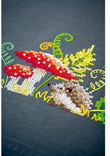 Vervaco Kreuzstich Stickpackungen Tischdecke Igel mit Farnen Stickdecken Vorgezeichnet Basteln Erwachsene Kreativ Set Vorgedruckte Decke Sticken 80 x 80 cm Stickset DIY Sticken Set