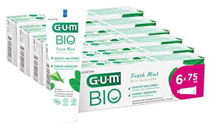 GUM BIO Zahnpasta | biozertifiziert und vegan | 99% natürliche Inhaltsstoffe | Pfefferminze und Aloe Vera | mit Fluorid zum Schutz vor Karies | gluten- und laktosefrei | 6 x 75