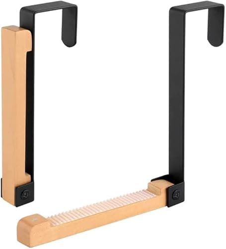 GINGER TECH Foldable Wood Over The Door Hooks, Sturdy Metal Over Door Wooden Hooks Organizer Rack, Space Saving Folding Door Hanger for Hanging Towels, Clothes Coats Caps & Purse (1Pc Black)
