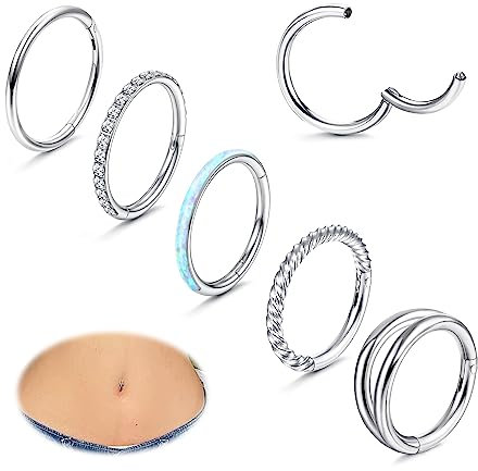 FIOROYAL 5Stück 14G Bauchnabelpiercing Silber Bauchnabelpiercing Chirurgenstahl Belly Piercing Ring CZ Opal Clicker Bauchnabelpiercing Ring Set Piercing Bauchnabel Schmuck 10mm